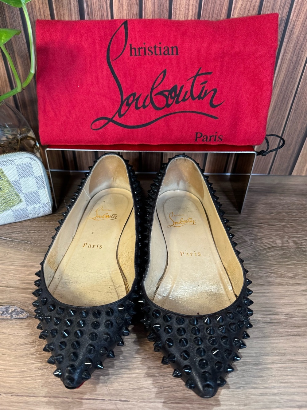 Christian Louboutin Black Studded Pointed Toe Red Bottom Flats, Size 36